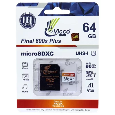 م میکرو 64 گیگ ویکومن Vicco Final 600x Plus U3 A1 90MB/s + خشاب